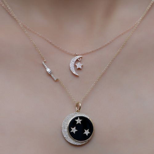 Diamond Moon & Star Pendant Necklace 13.20x7.10mm