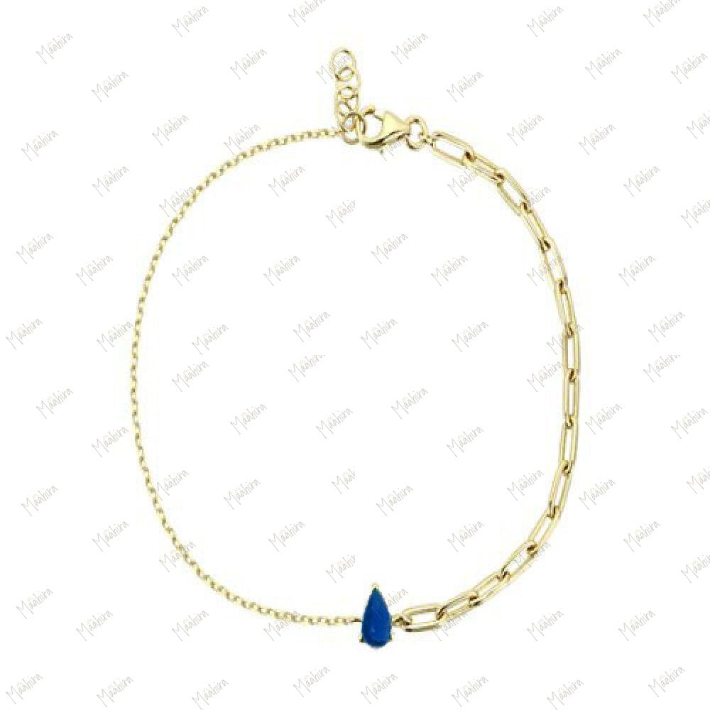 Pear Shape Blue Sapphire With Paper Clip Chain Bracelet 7"