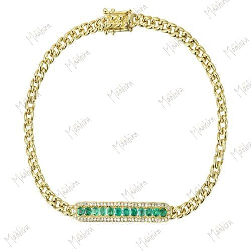 Emerald Diamond Bar Cuban Link Bracelet 7"