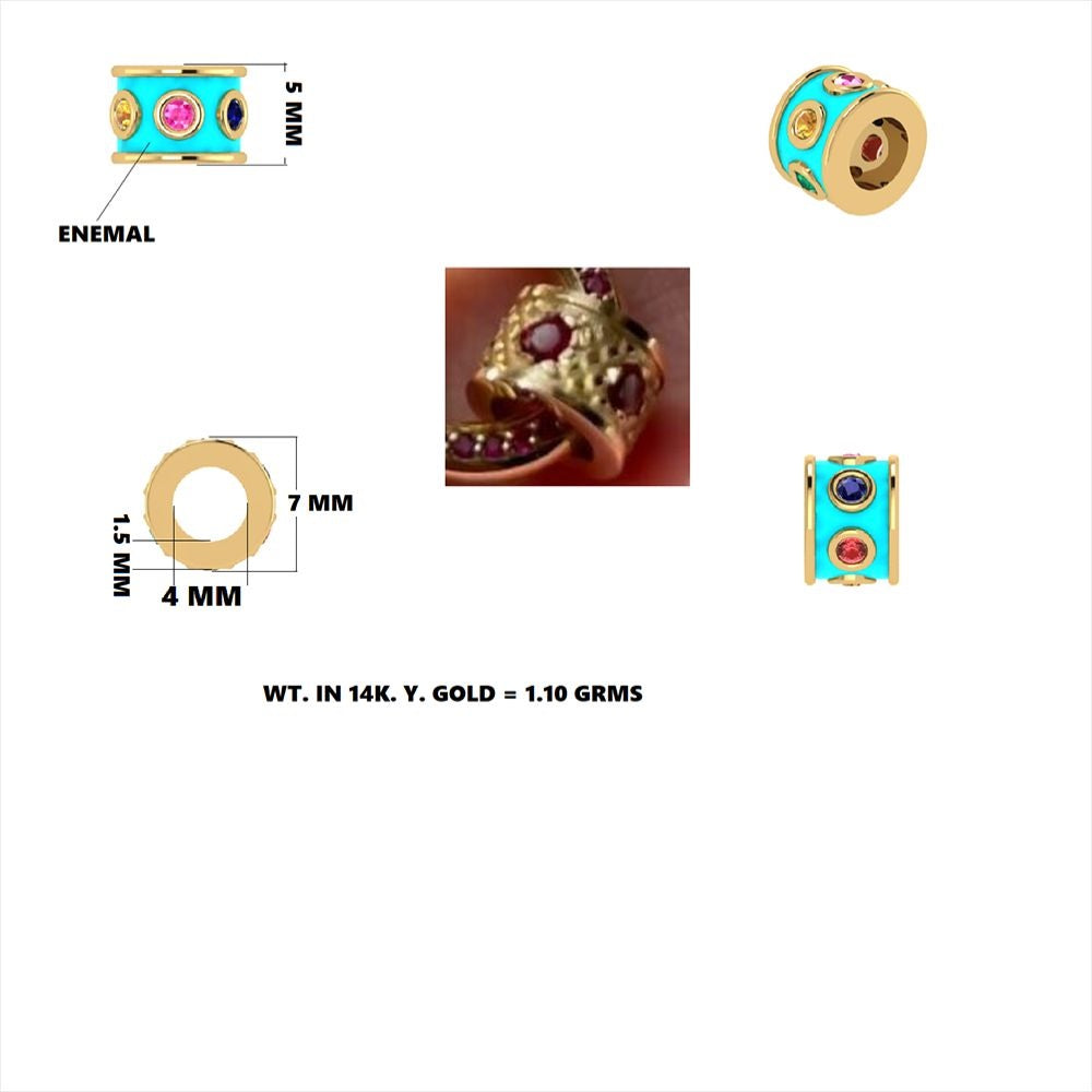 14k Gold Diamond Rondelle Bead / Roundel Bead with turquoise Enamel