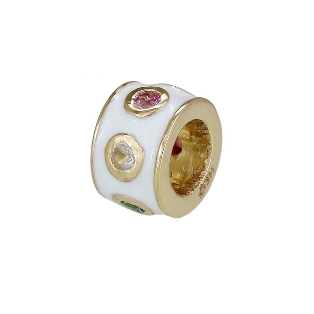 14k Gold Diamond White Enamel Rondelle Bead / Roundel Bead