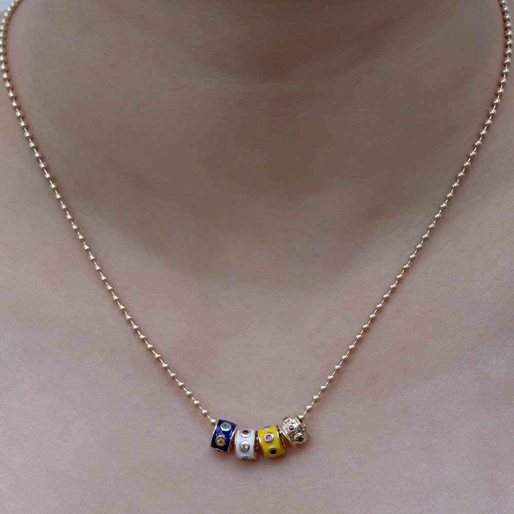 14k Gold Diamond White Enamel Rondelle Bead / Roundel Bead