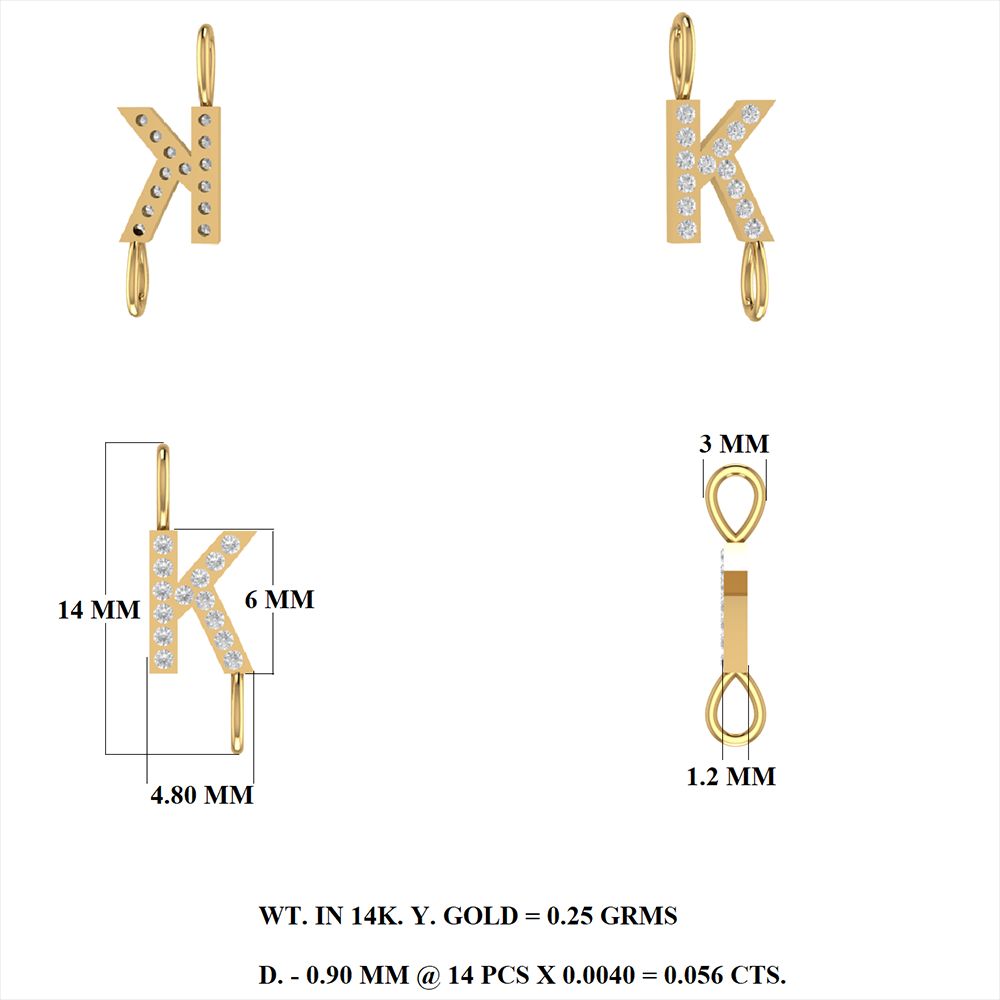Diamond Initial Letter Charm K With Two Loop 8mm (JR 3mm)