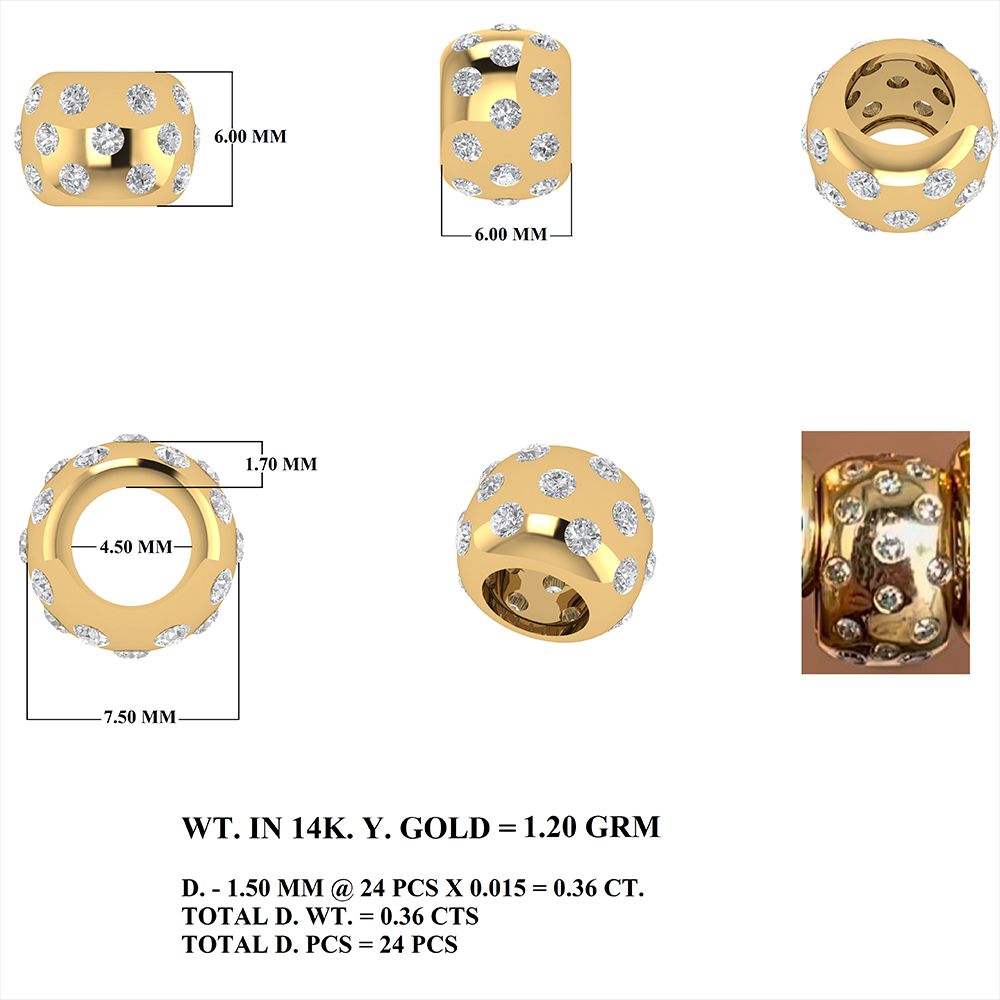 14k Gold Diamond Rondelle Bead / Roundel Bead Charm 6x7.50mm