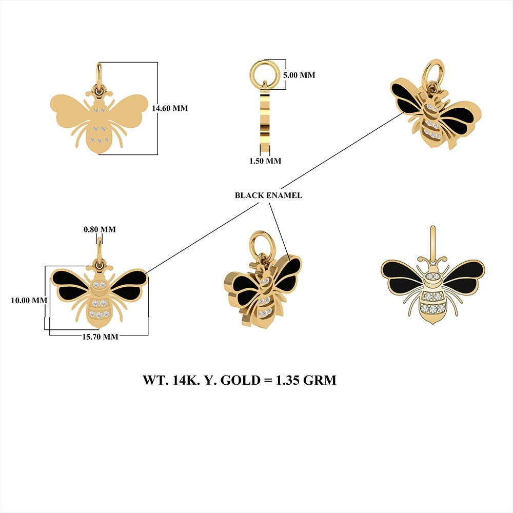 Black Enamel Diamond Bumble Bee Charm 10x15.70mm