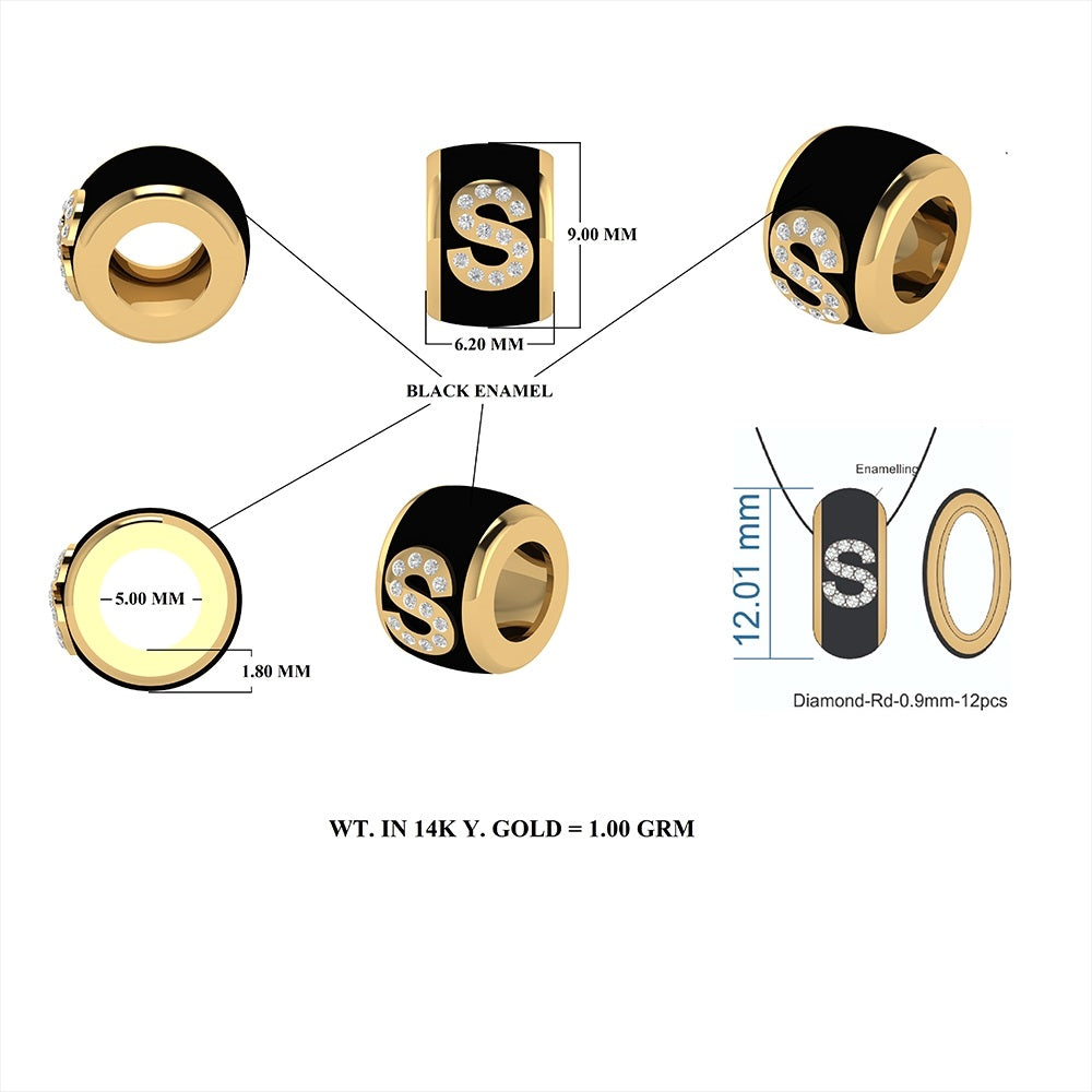14k Gold Diamond & Emerald Black Enamel Rondelle Bead / Roundel Bead 5.20x9mm