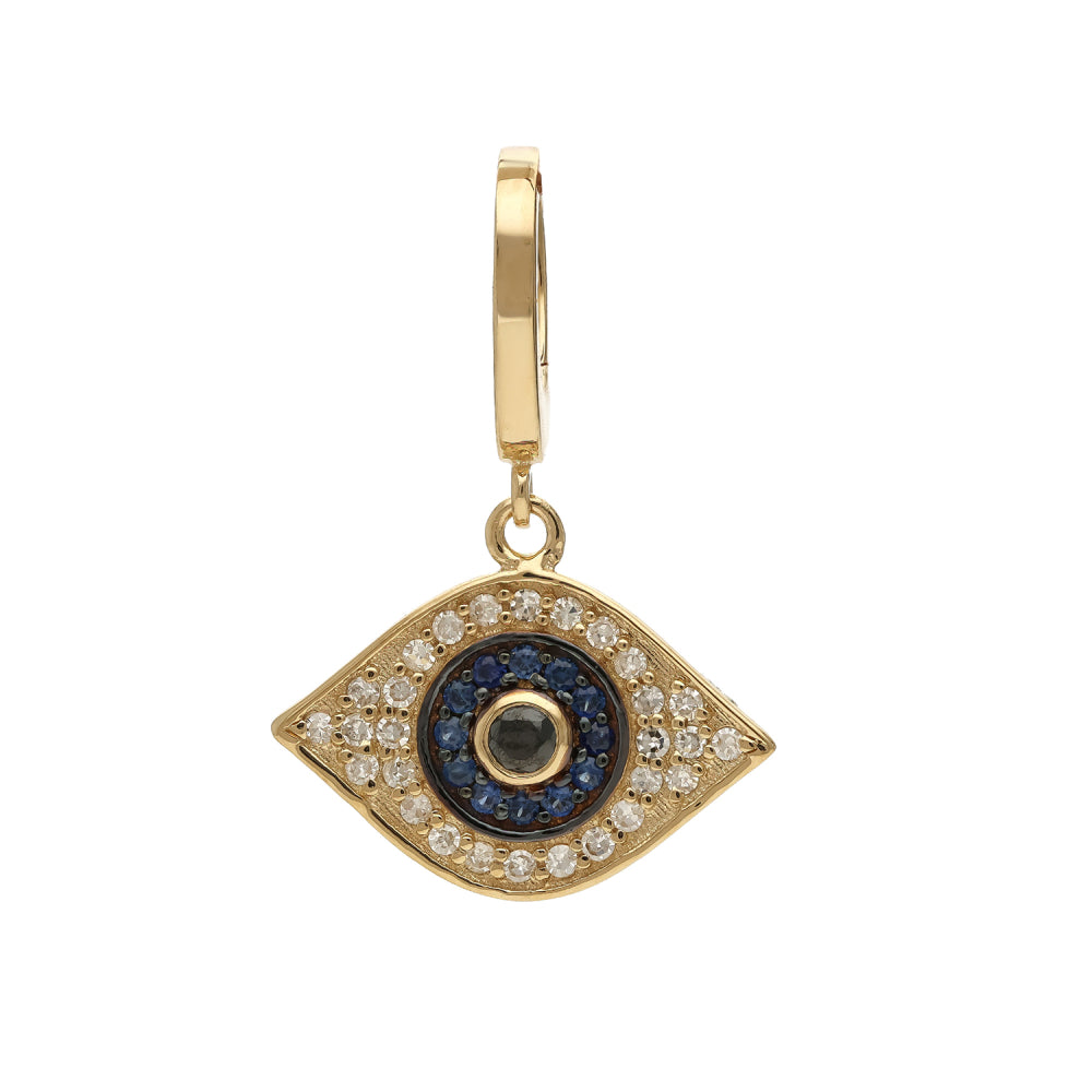 14K Yellow Gold Diamond Blue Sapphire/Emerald/Ruby Evil Eye Charm, Clasp on Bail, 10×15 mm