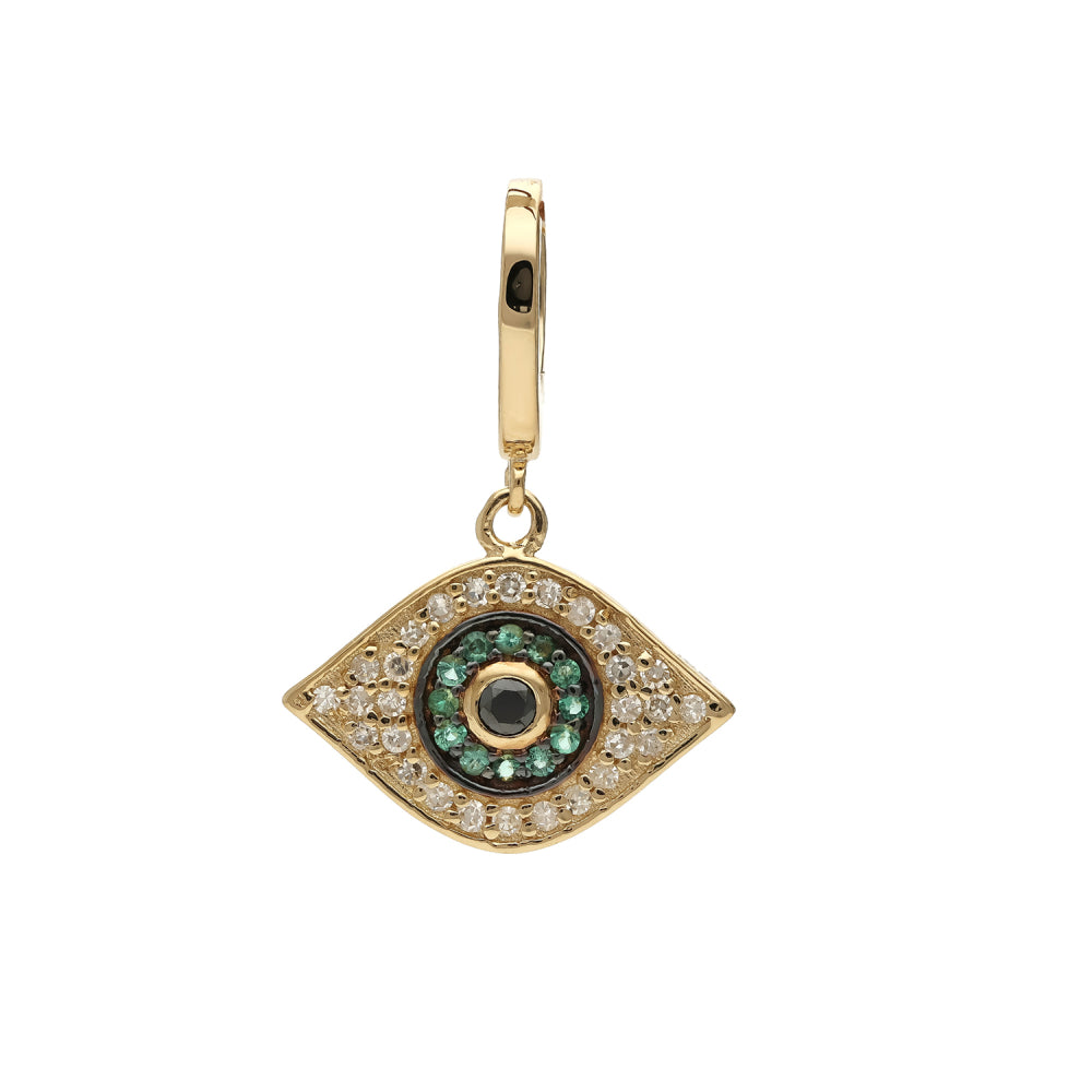 14K Yellow Gold Diamond Blue Sapphire/Emerald/Ruby Evil Eye Charm, Clasp on Bail, 10×15 mm