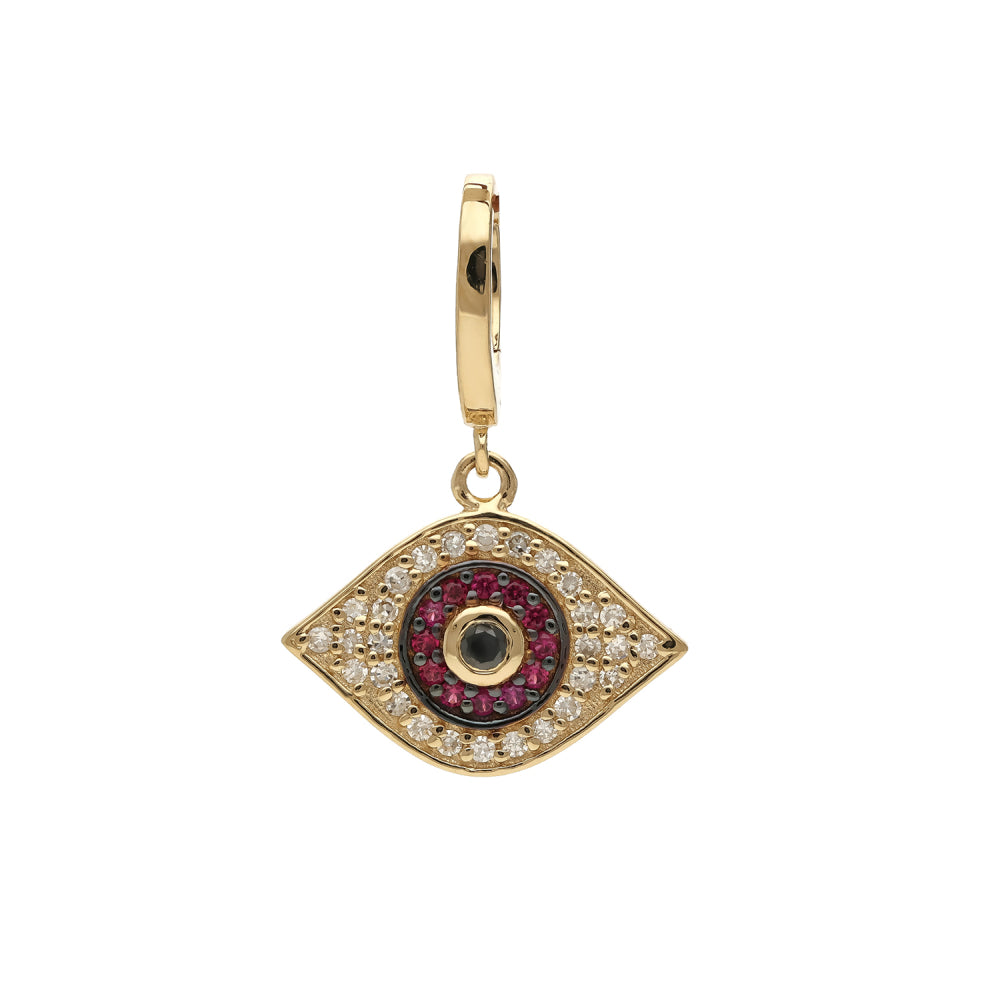 14K Yellow Gold Diamond Blue Sapphire/Emerald/Ruby Evil Eye Charm, Clasp on Bail, 10×15 mm