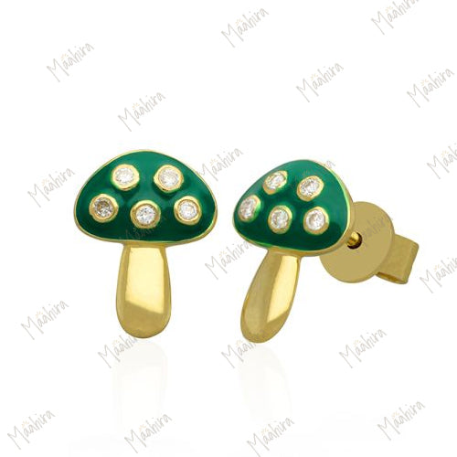 Diamond Mushroom Studs With Green Enamel