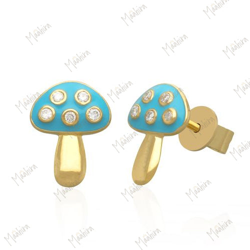 Diamond Mushroom Studs With Green Enamel