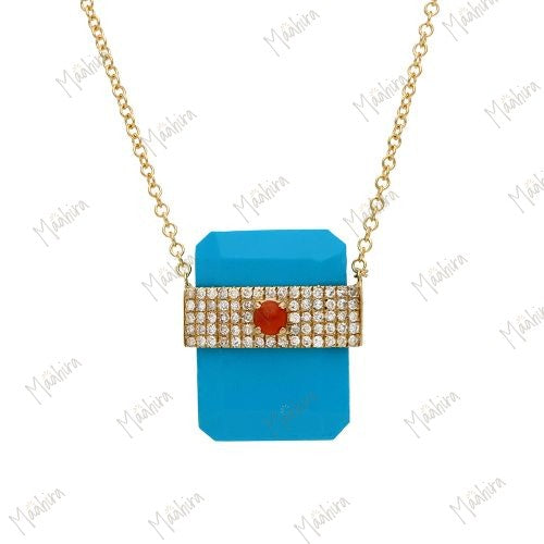 Diamond & Red Onyx Turquoise Stone Pendant Necklace 11.75x16mm