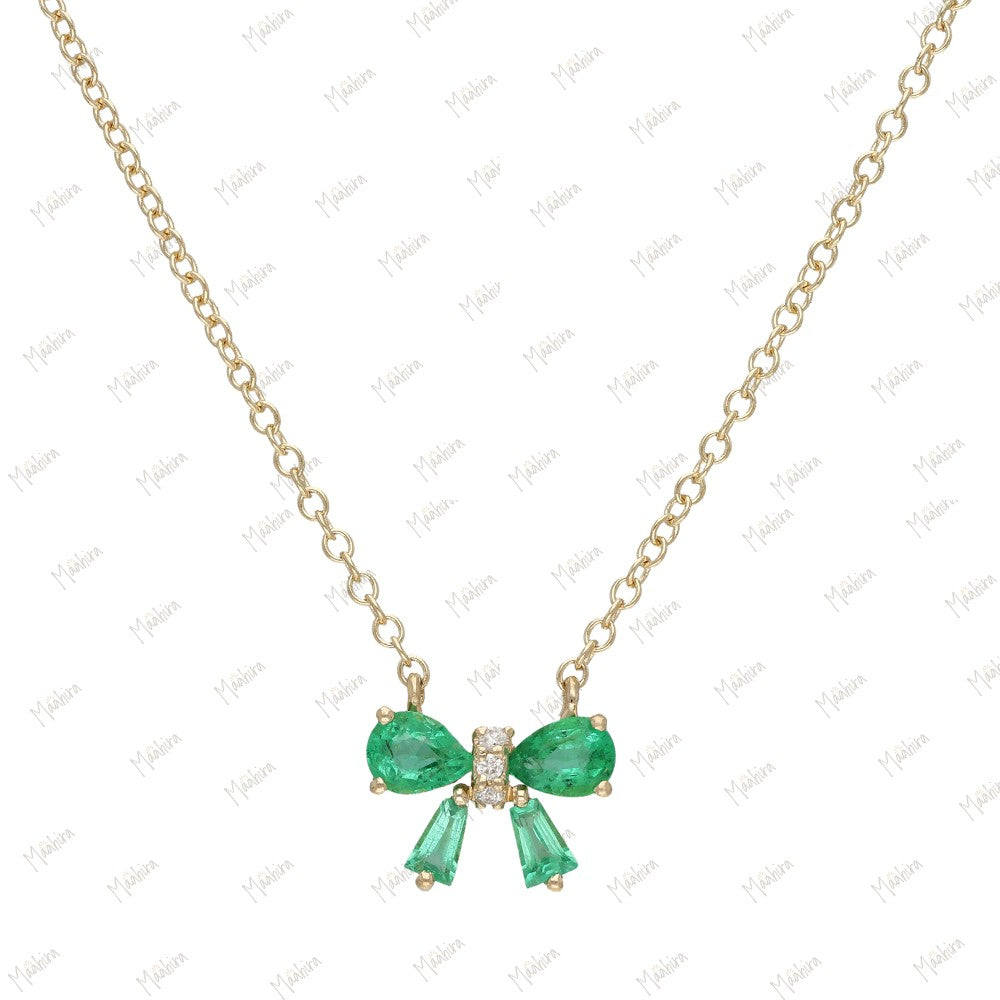 Minimalist Diamond Emerald Bow Necklace-7x9mm