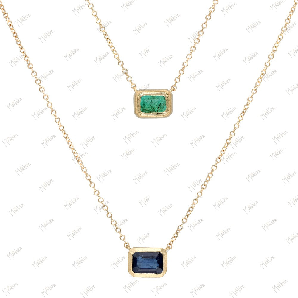 Emerald & Blue Sapphire Rectangular Dual Gemstone Layered Necklace