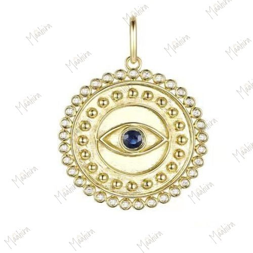 Diamond & Blue Sapphire Round Evil Eye Pendant 22mm