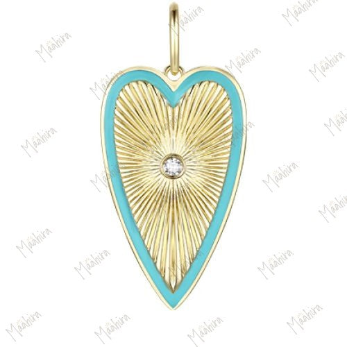 Diamond and Turquoise 318c Enamel Long Heart Rays Pendant 25x12mm