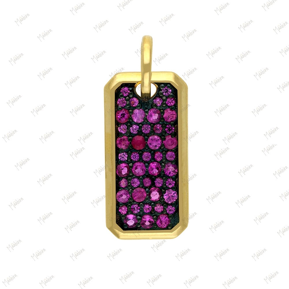 14k Yellow Gold Dog Tag Pink Sapphire/Black Diamond 9x18mm