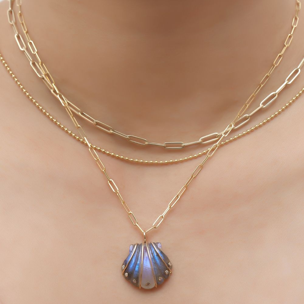 Diamond Rainbow Moonstone Lab Shell Pendant 19.30x20.20mm