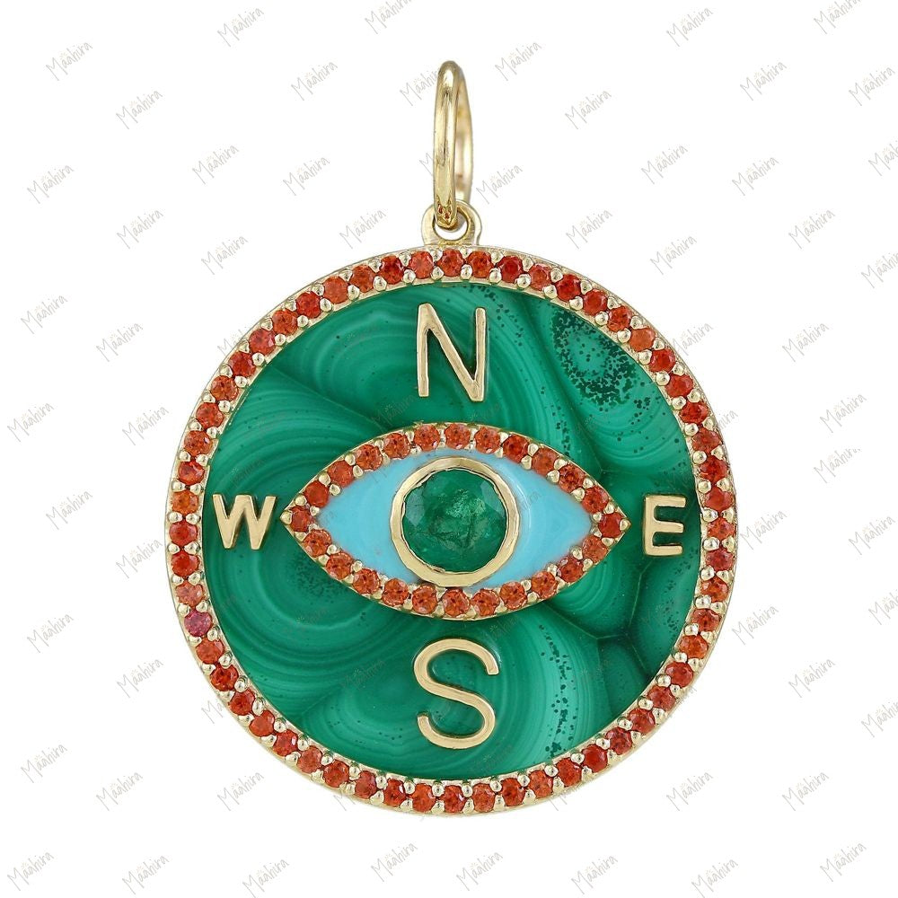 Diamond & Emerald Compass Evil Eye Turquoise Pendant 22mm