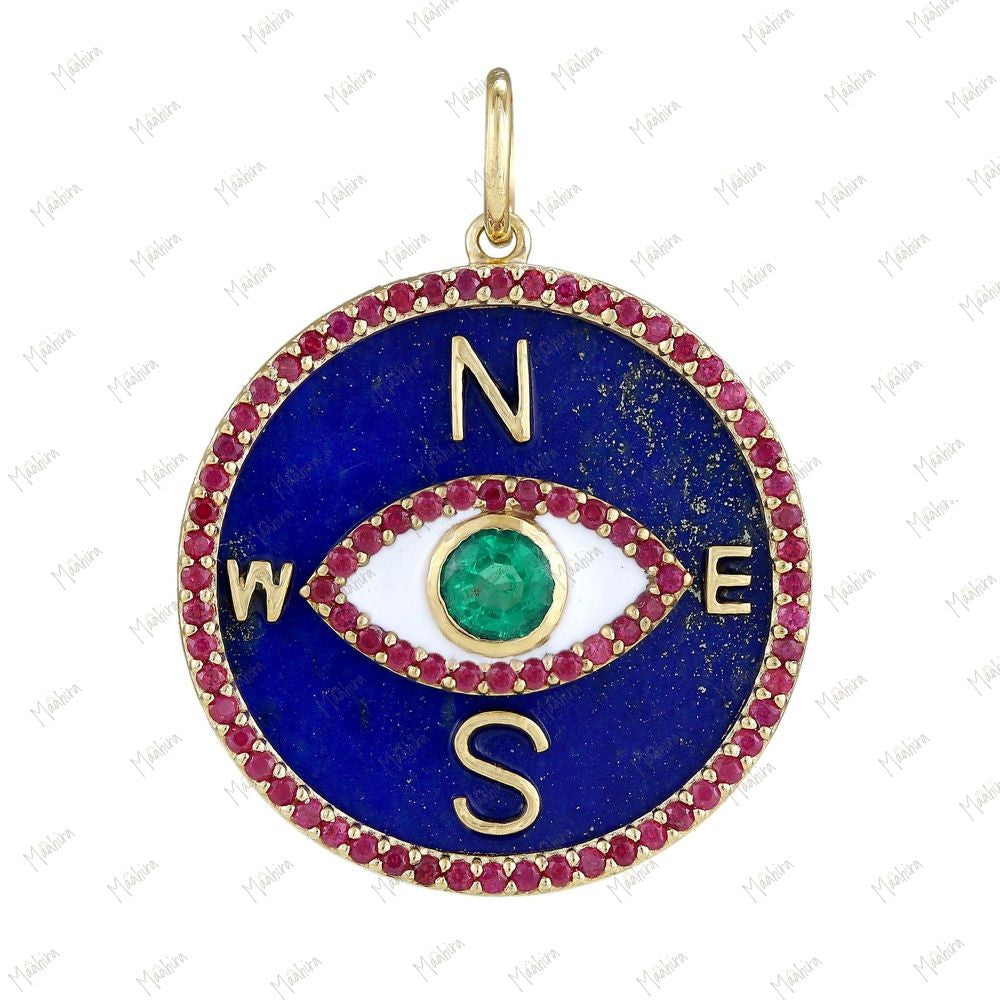 Diamond & Emerald Compass Evil Eye Turquoise Pendant 22mm