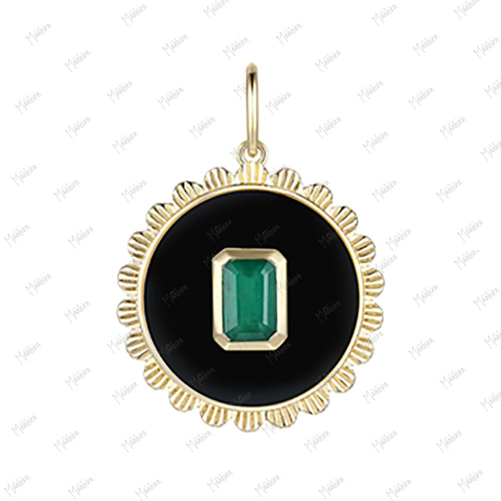 Onyx Diamond & Emerald Round Pendant 20mm