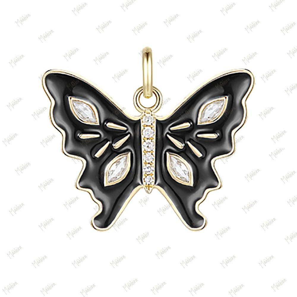 Diamond & White Topaz Black Enamel Butterfly pendant 20x14.7mm