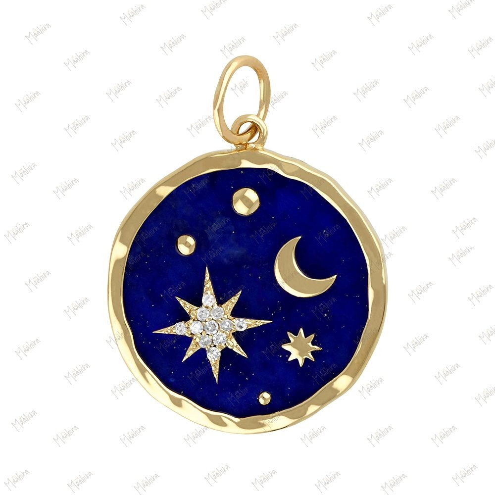 Round Lapis Pendant of Moon & Star 20mm