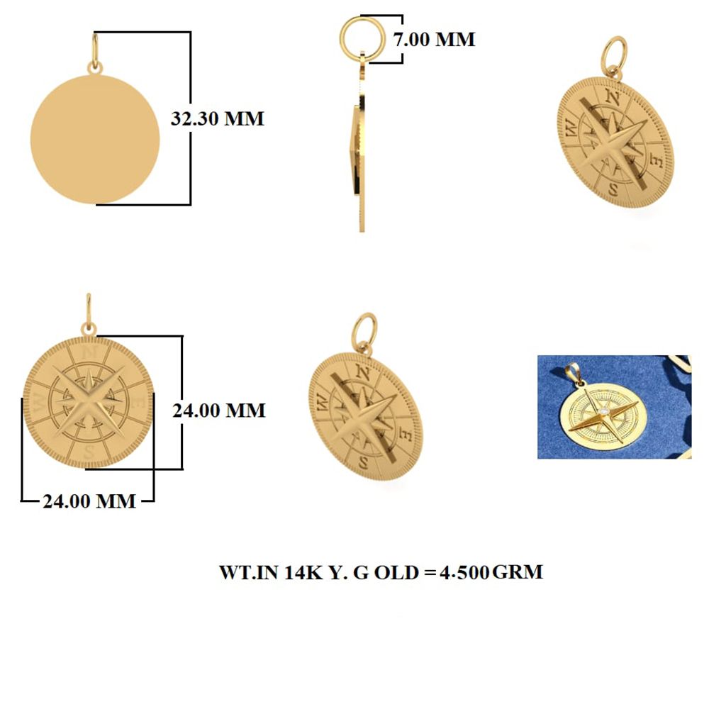 Solid Gold Compass Pendant 32x24mm