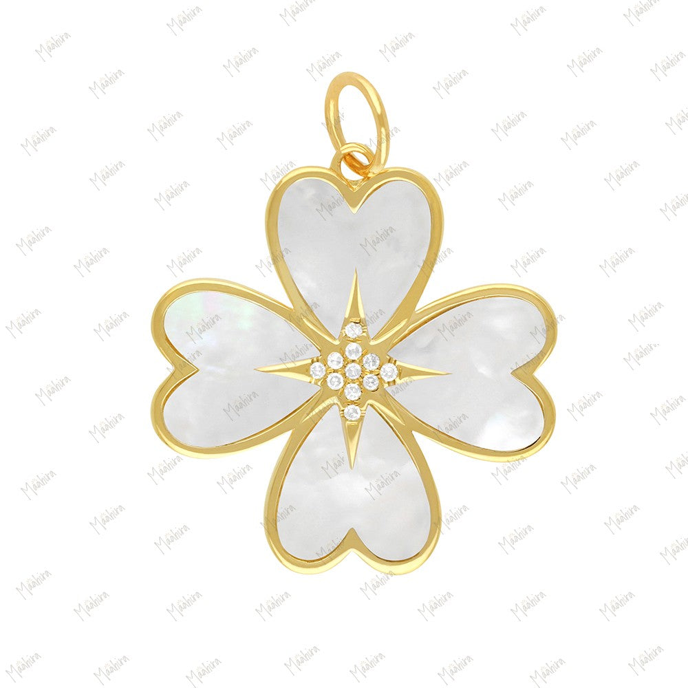 Diamond Mother of Pearl Four Leaf Clover Pendant 24mm