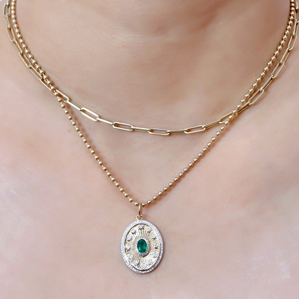 Oval Shape Gold Diamond & Emerald Pendant 17x22mm