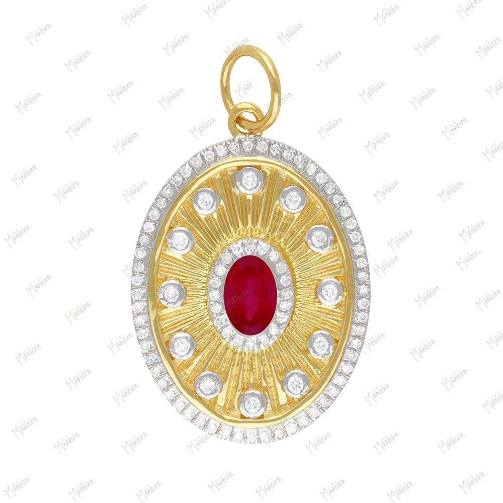 Oval Shape Gold Diamond & Emerald Pendant 17x22mm