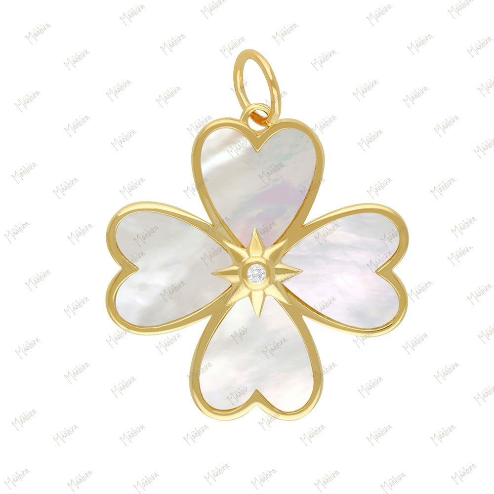 Diamond Mother of Pearl Four Leaf Clover Pendant 24mm