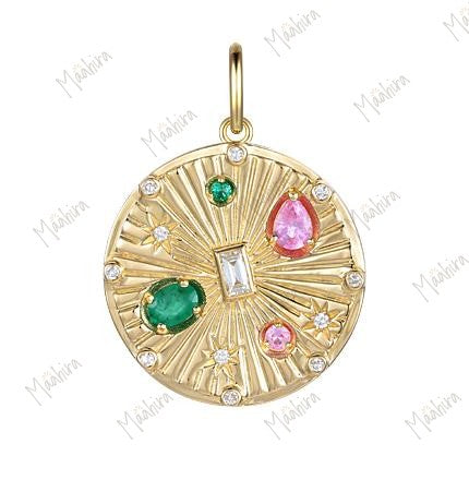 Round Pink Sapphire, Emerald & Diamond Pendant 20mm