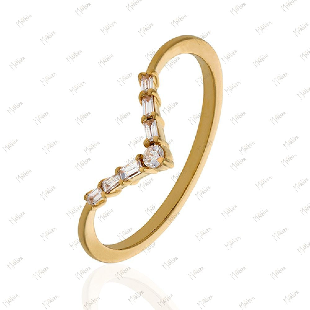 Gold Diamond Baguette V Shape Ring in US size -7