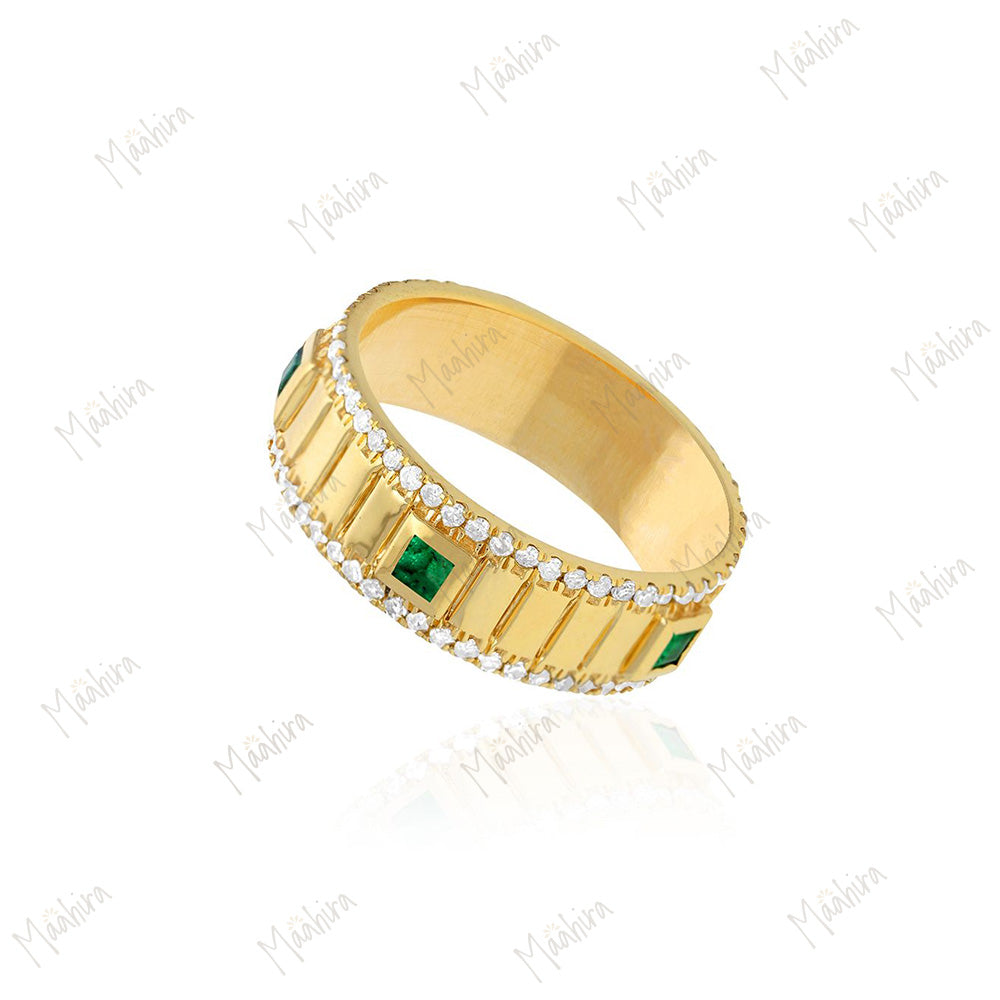 Diamond & Emerald Band Ring in US Size 6/8