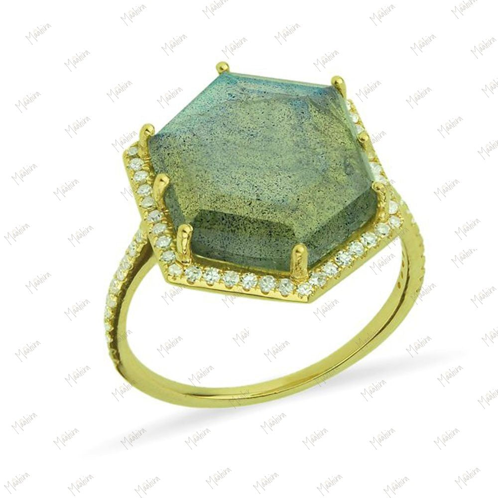 Diamond Labradorite Ring in US Size 7