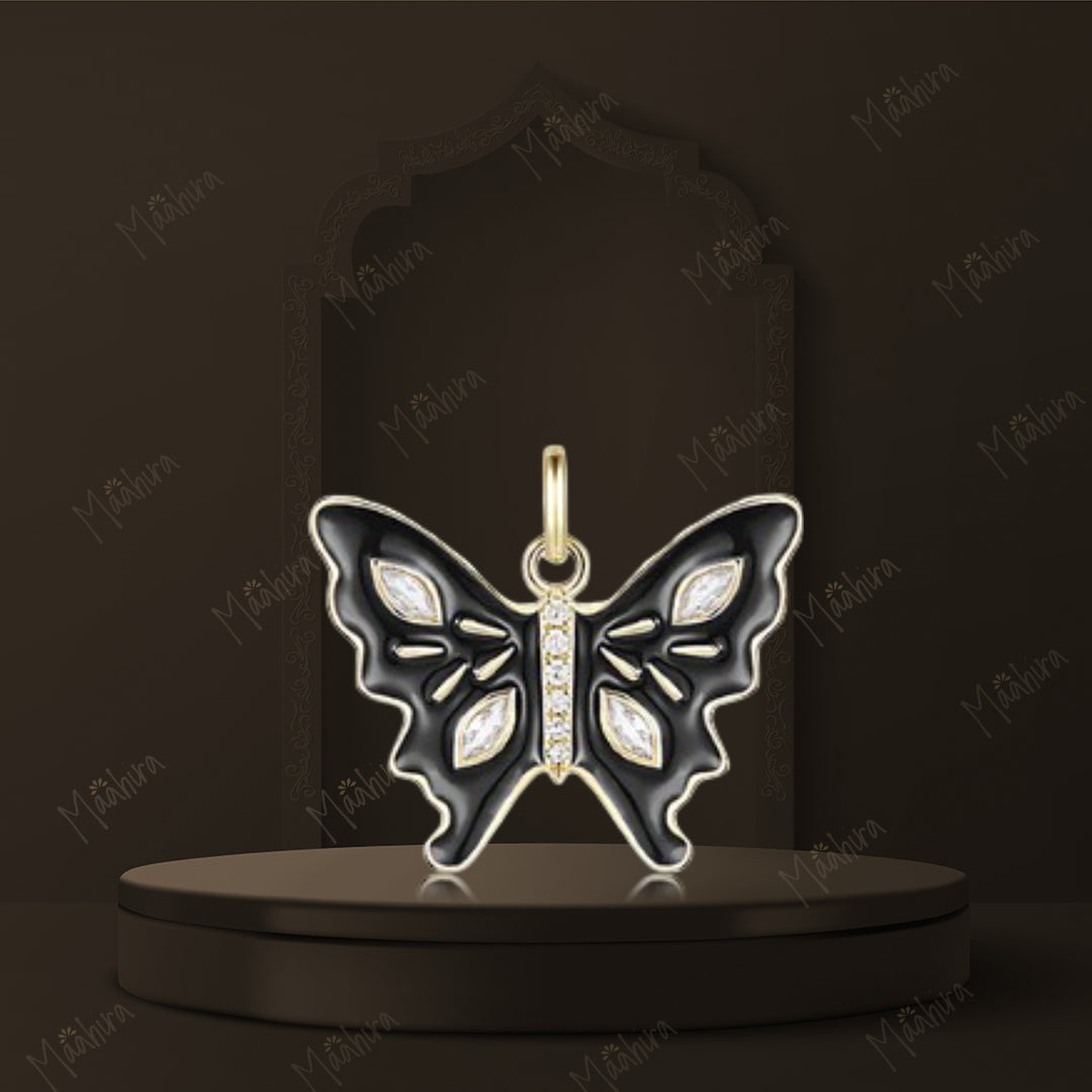 Diamond & White Topaz Black Enamel Butterfly pendant 20x14.7mm
