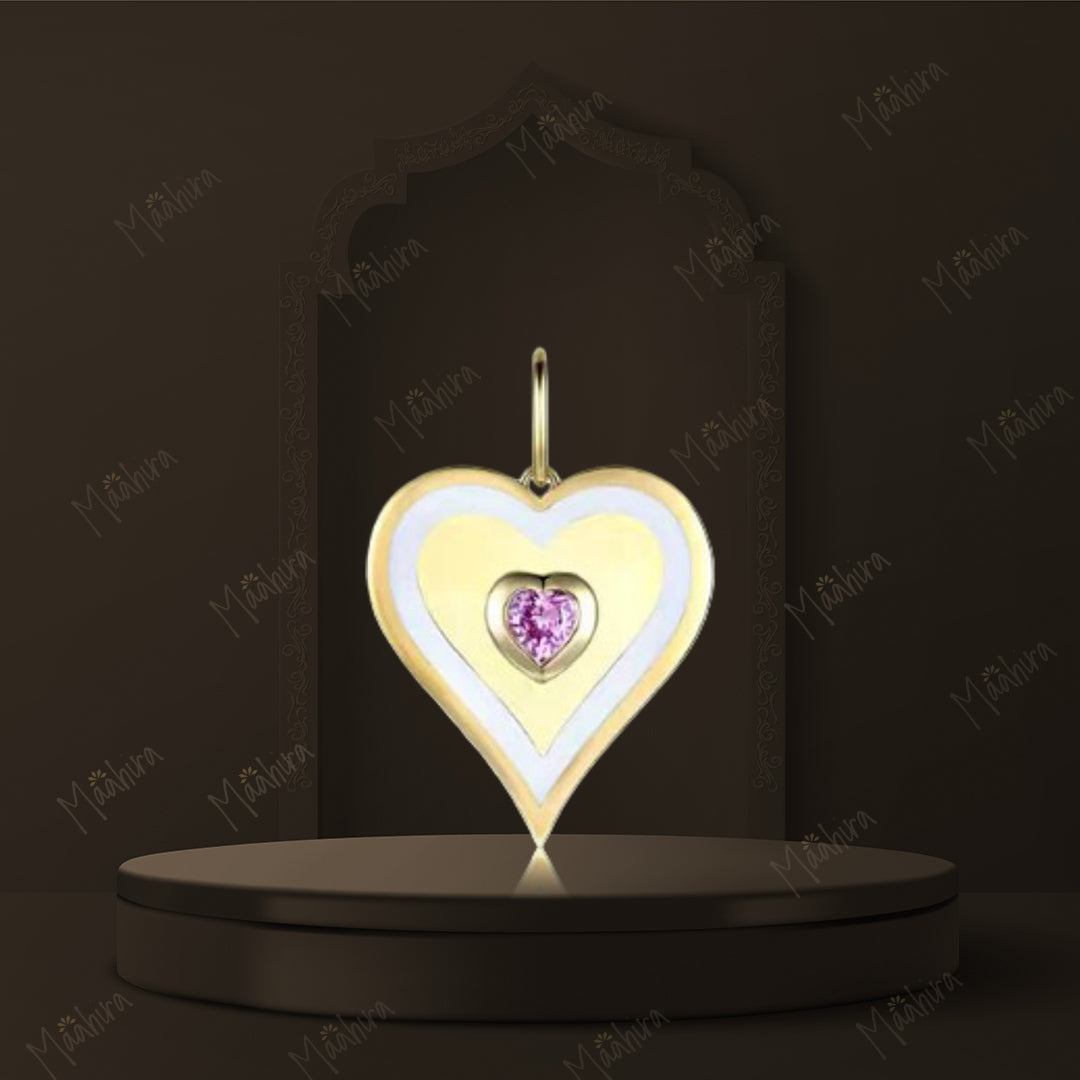 White Enamel Pink Sapphire Heart Pendant 20mm