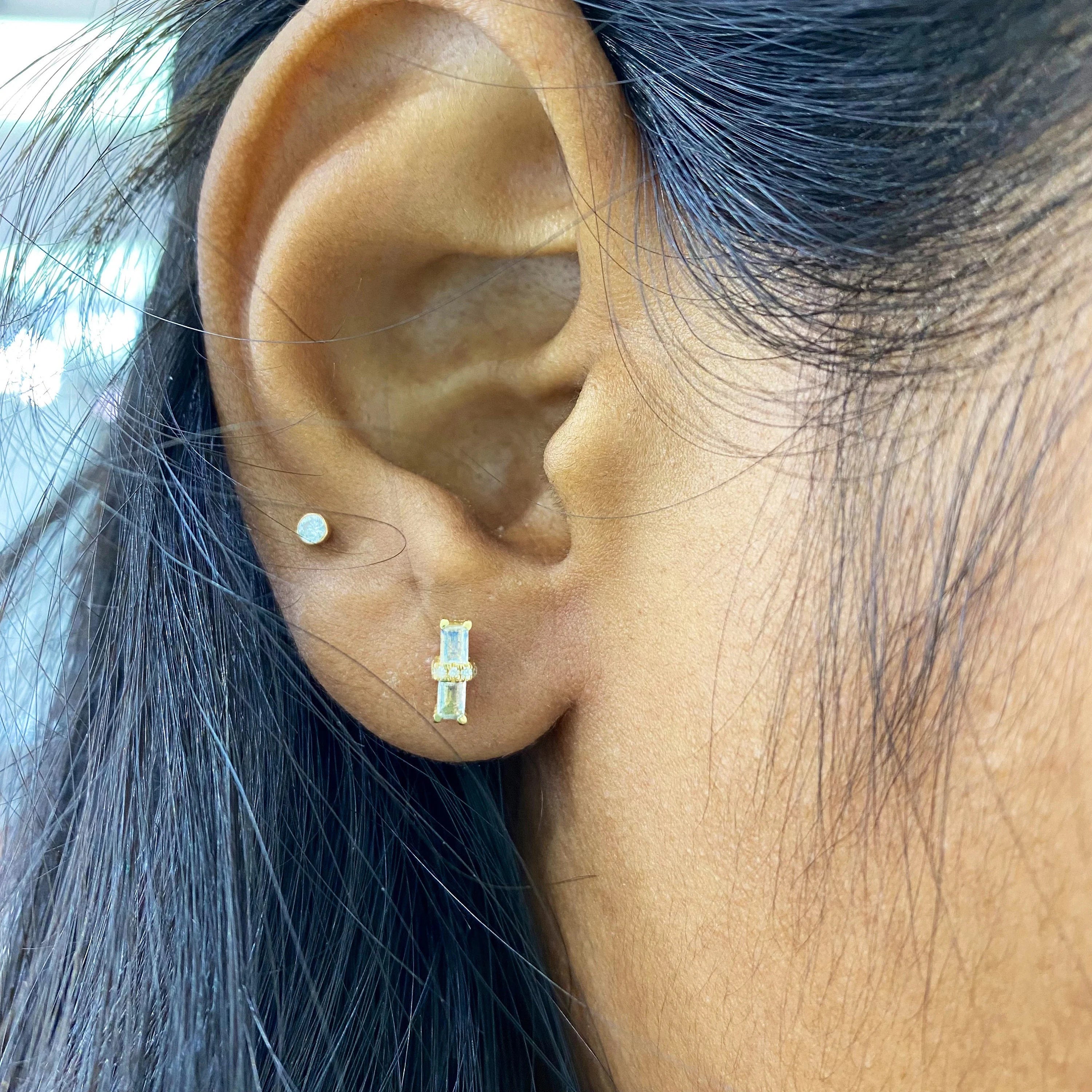 Diamond And Rainbow Moonstone Ear Studs