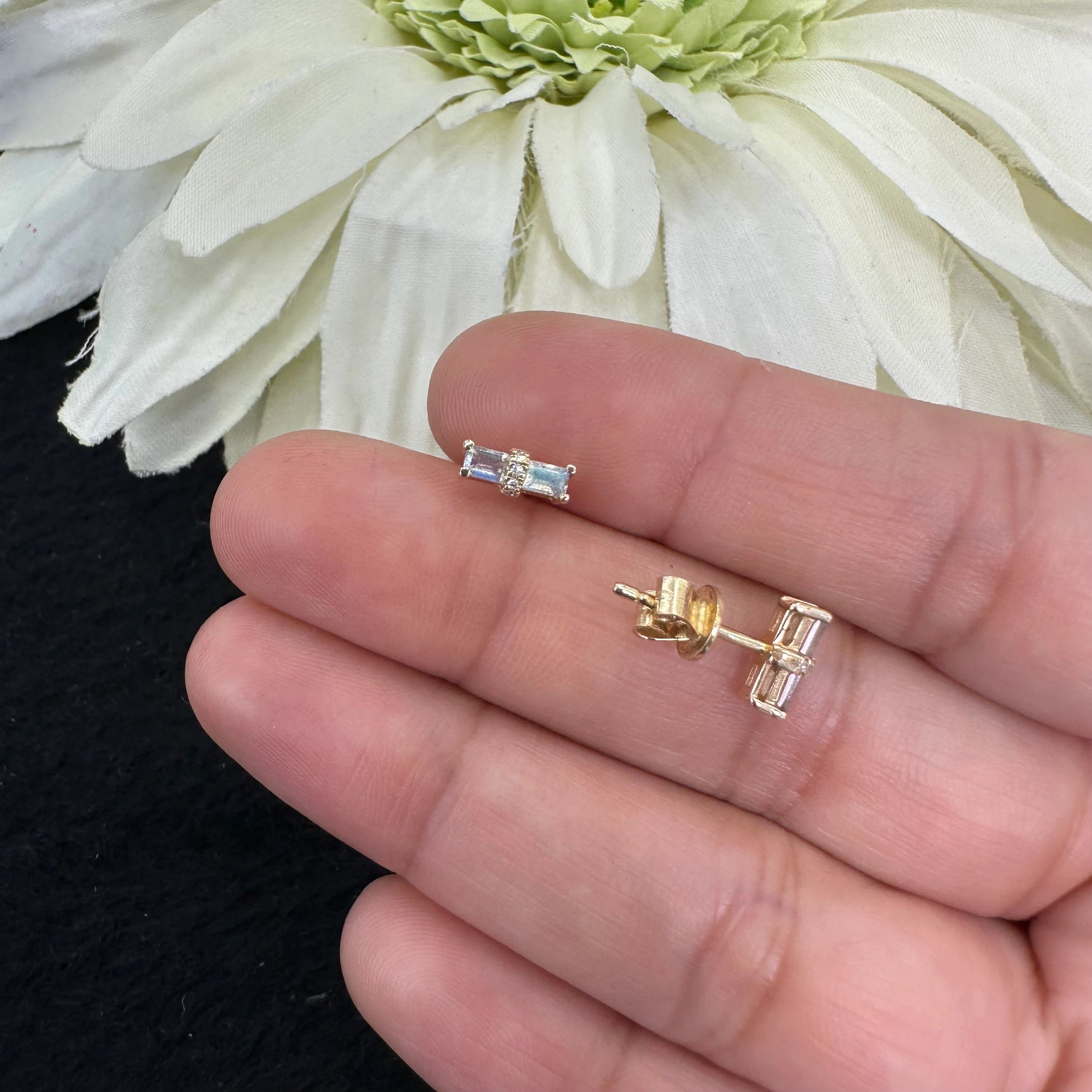 Diamond And Rainbow Moonstone Ear Studs