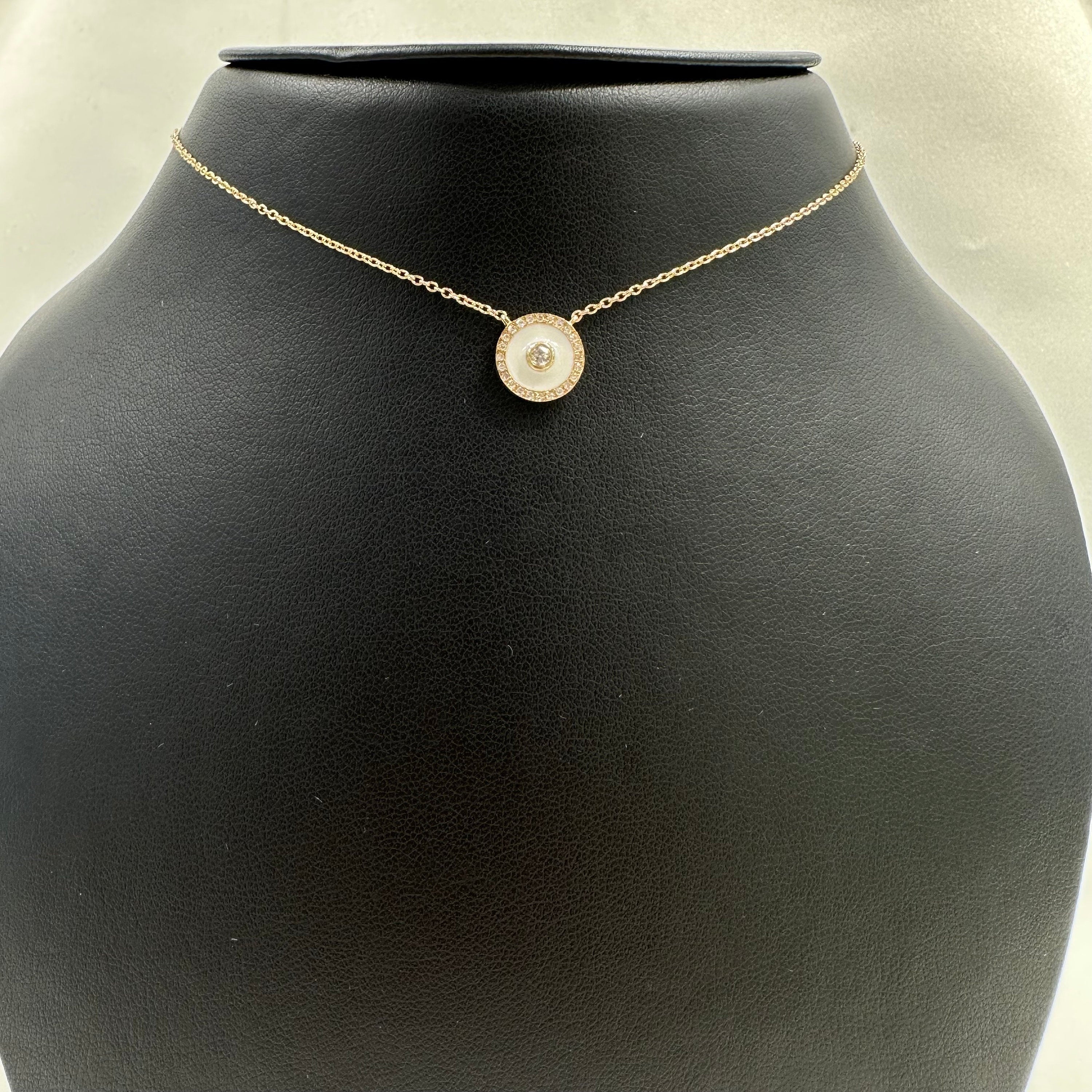 Diamond Framed Round Turquoise Enamel Necklace