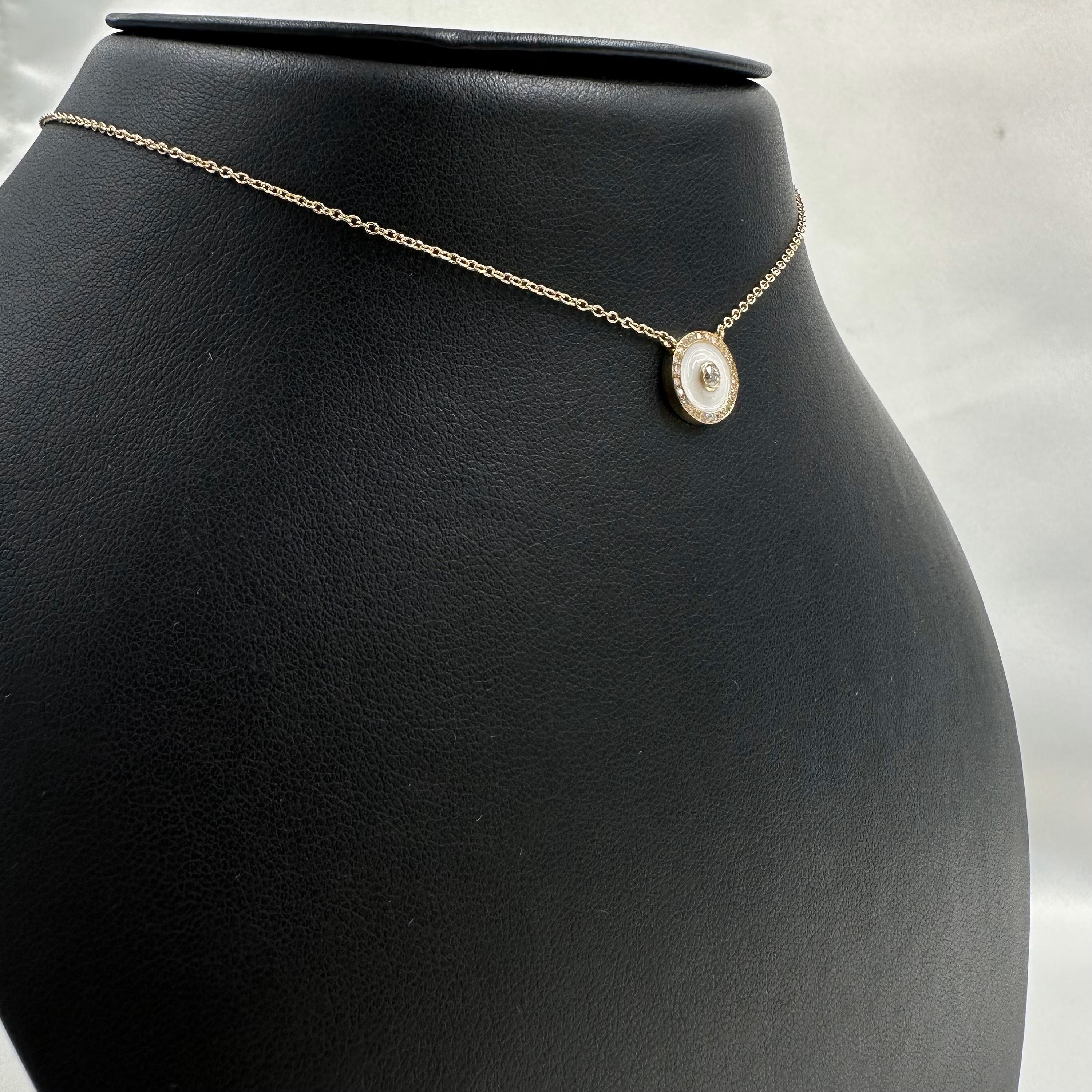 Diamond Framed Round Turquoise Enamel Necklace