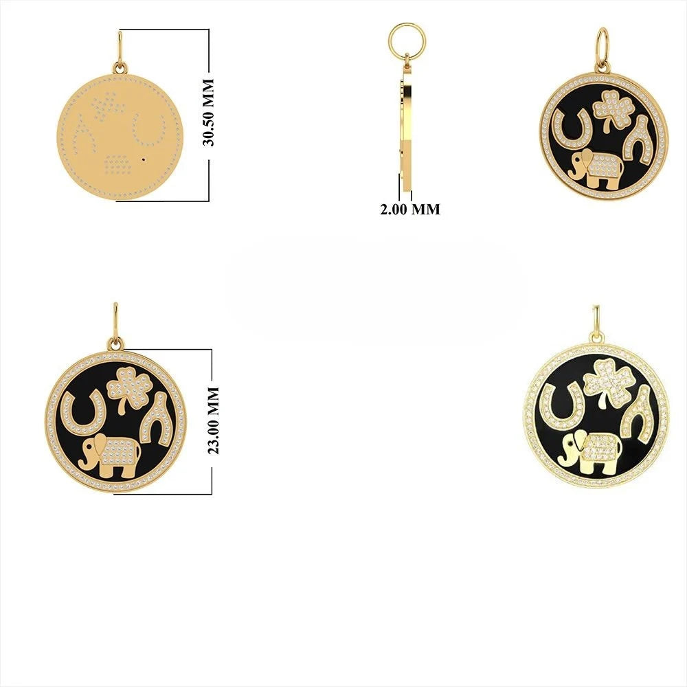 Black Enamel Four Charms Disc Necklace