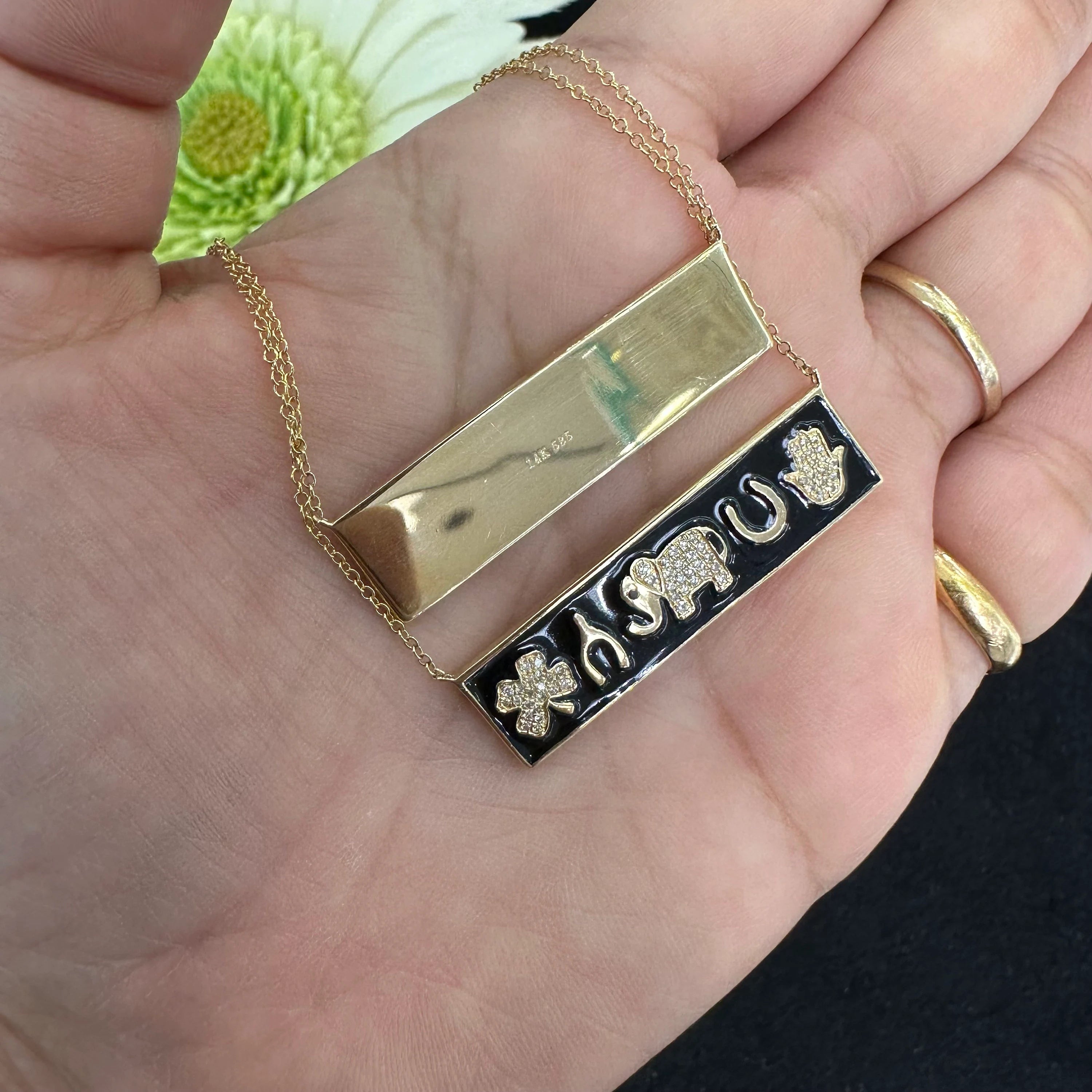 Black Enamel Five Charms Bar Necklace