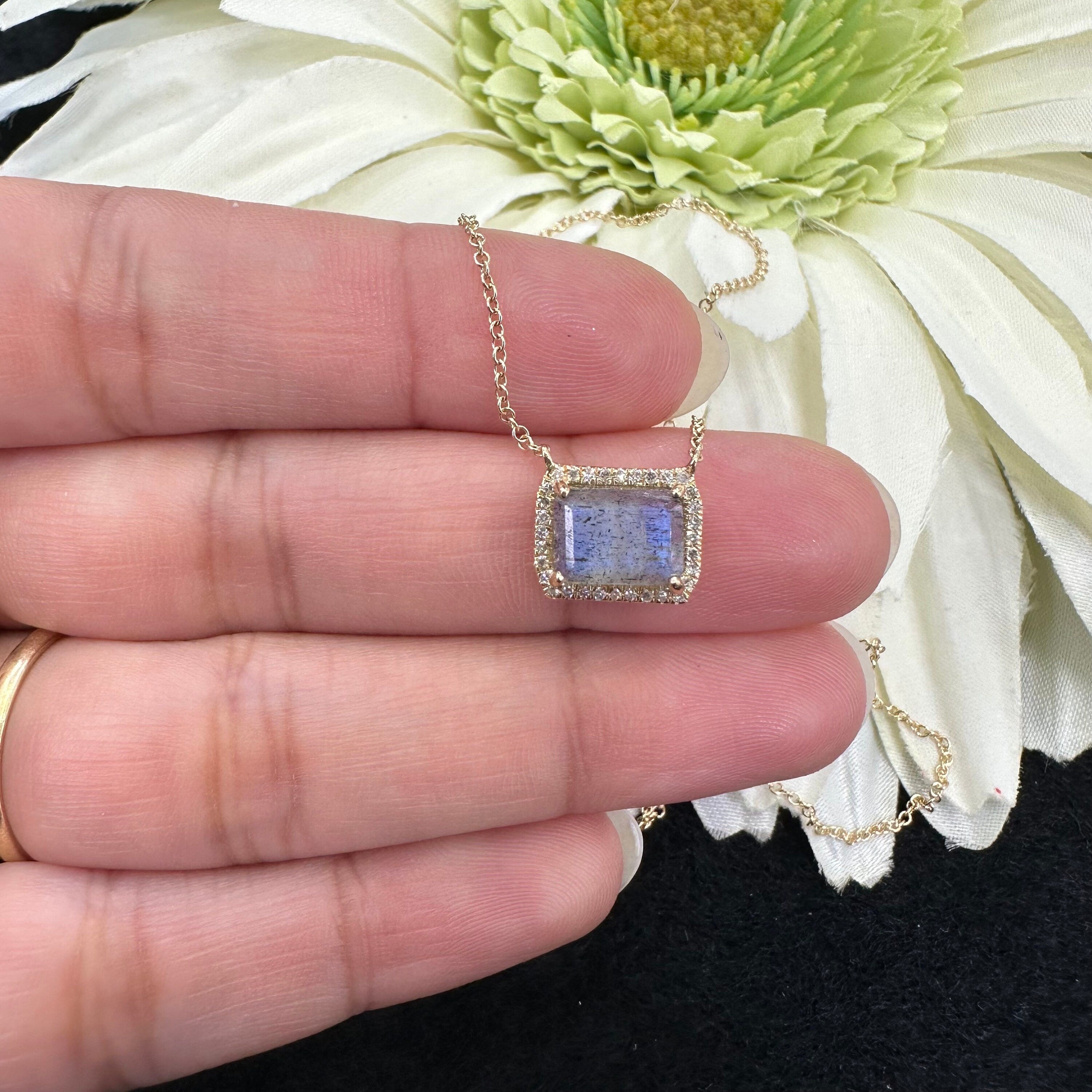 Diamond Edged Rainbow Moonstone Necklace