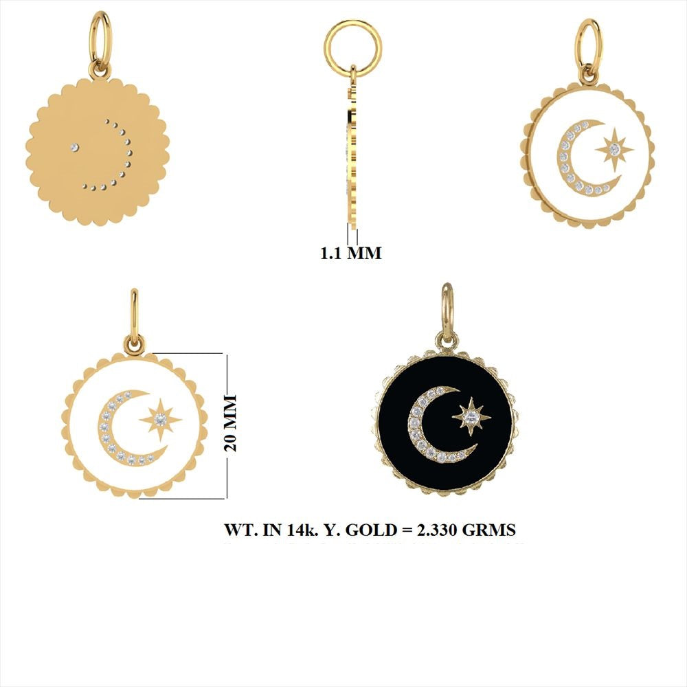 Diamond Moon Star Pendant 20mm with Black Enamel