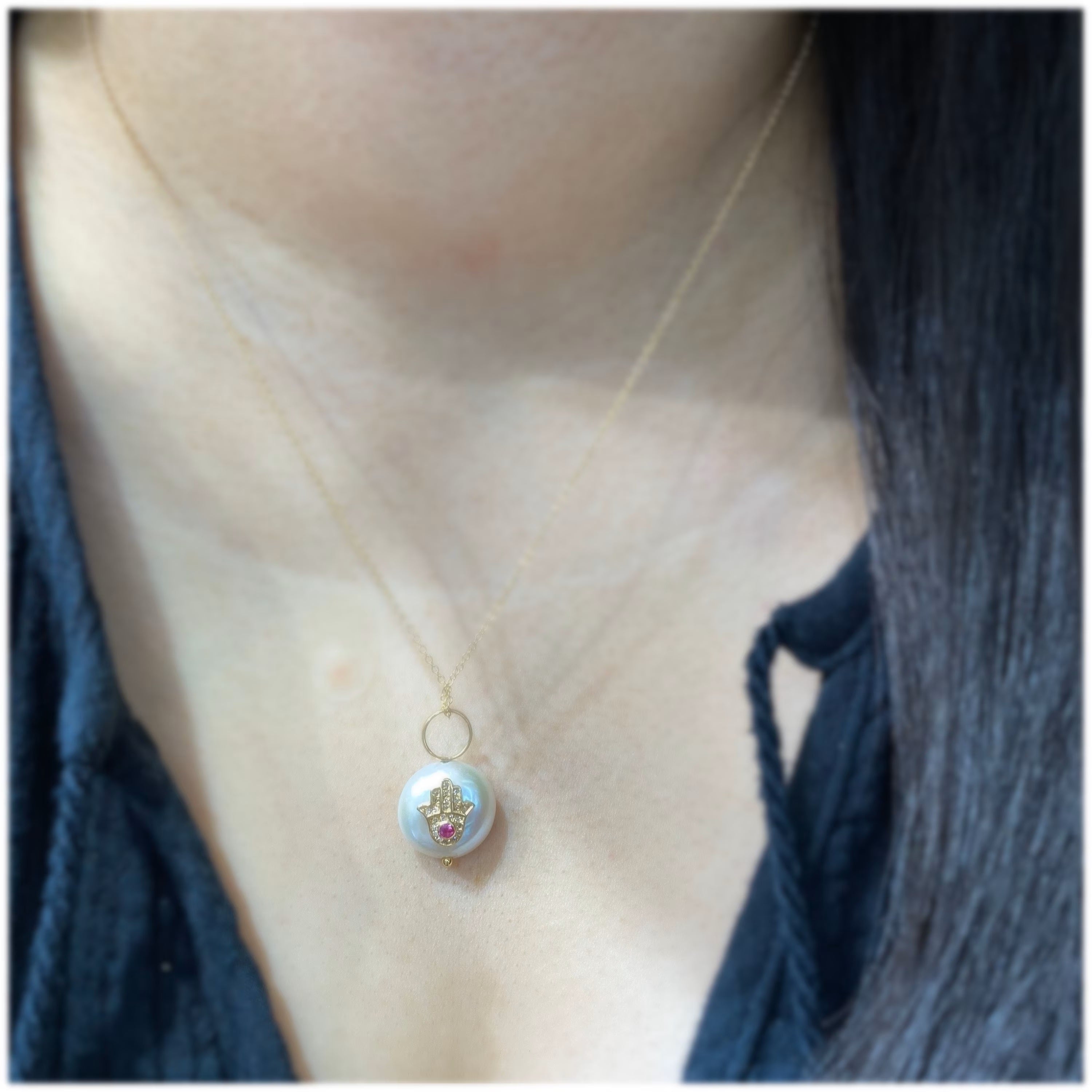 Diamond Emerald/Pink Sapphire/Blue Sapphire Hamsa Hand Pearl Pendant
