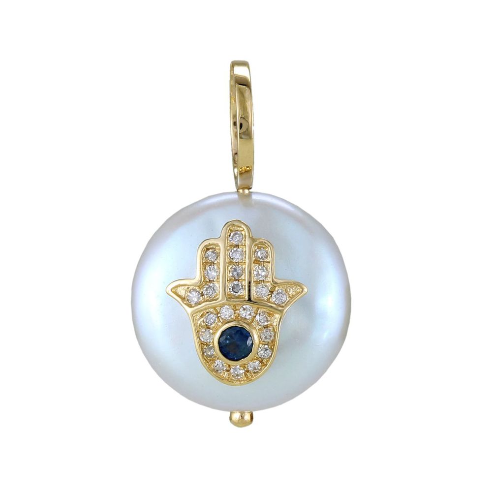 Diamond Emerald/Pink Sapphire/Blue Sapphire Hamsa Hand Pearl Pendant