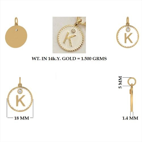 Round Diamond K Letter Pendant With White Enamel 18mm