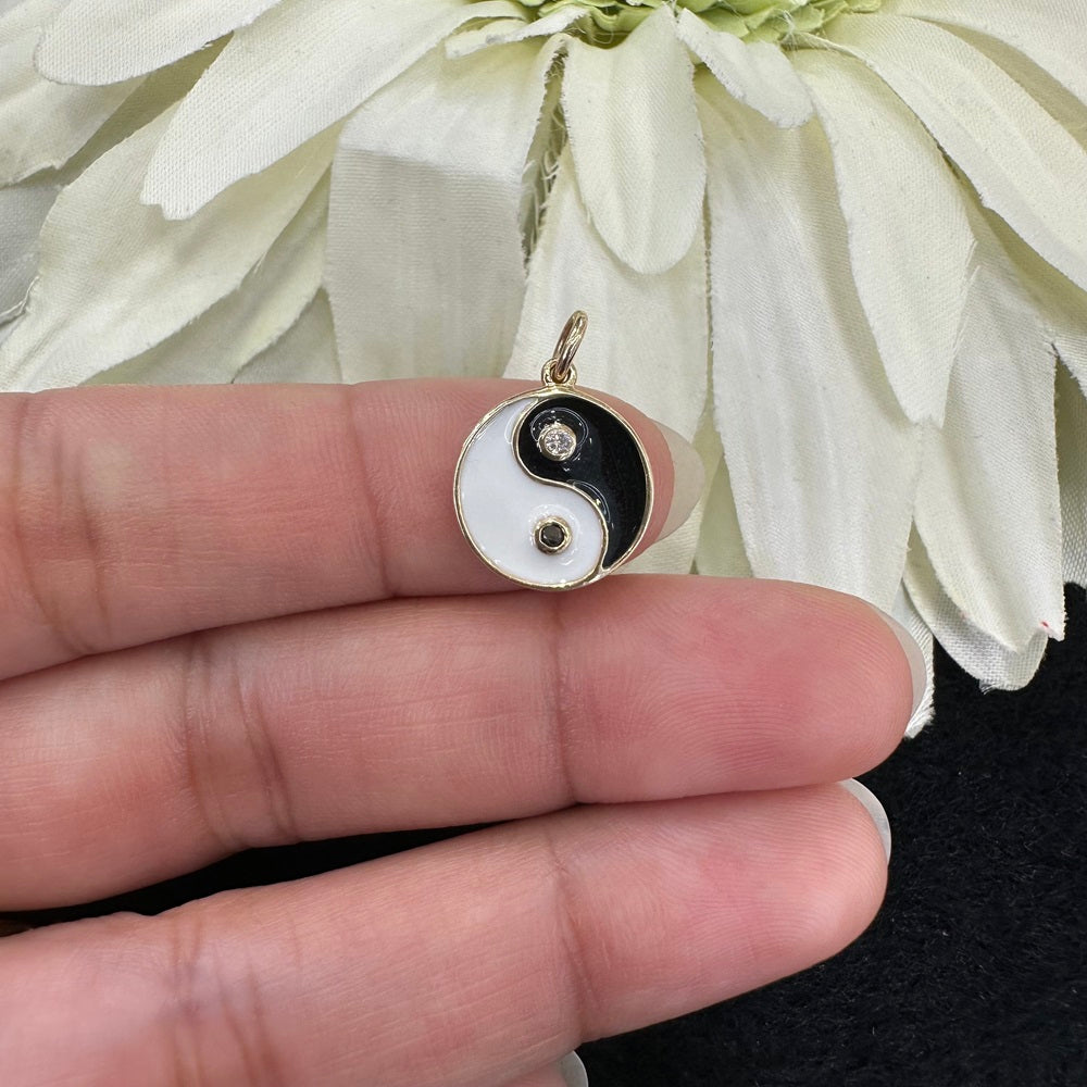 Diamond Black & White Enamel Ying Yang Pendant 12mm
